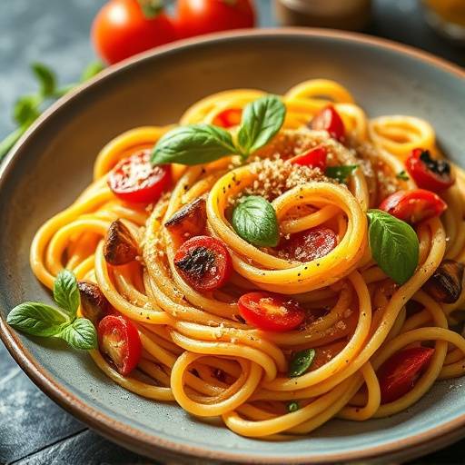 Fotografia de alimentos gourmet, como um prato de massa fresca, com ingredientes frescos e coloridos.