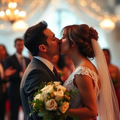 Fotografia de um casal se beijando durante a cerimônia de casamento, com um fundo desfocado de convidados.