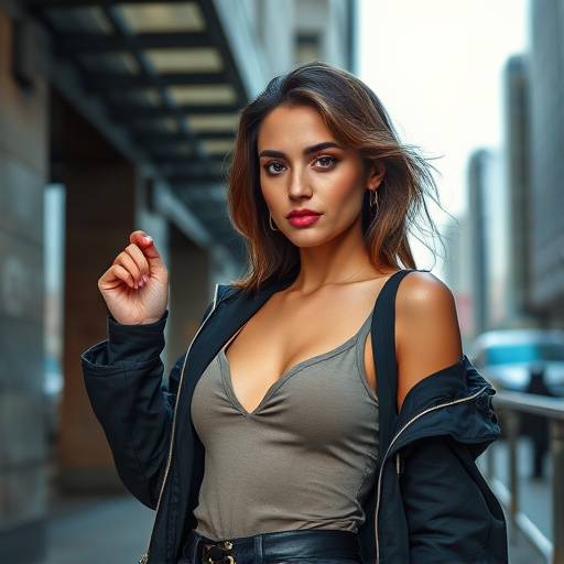 Fotografia de uma modelo posando para um book fotográfico em um ambiente urbano, com luz natural e expressão confiante.