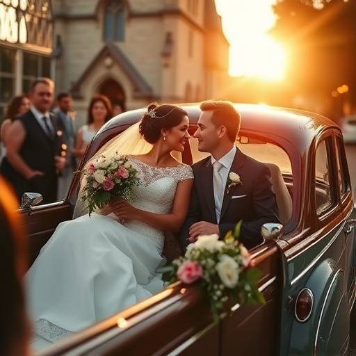 Fotografia dos noivos saindo da igreja em um carro antigo decorado com flores.