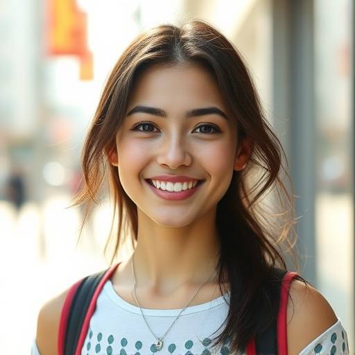 Retrato de uma jovem mulher sorrindo em um ambiente urbano com luz natural suave.